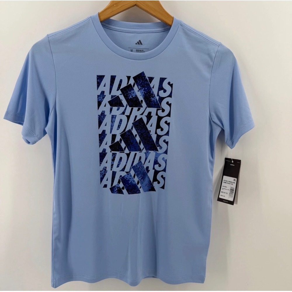Adidas Boys SS Poly Woodland Camo Stack Tee Light Blue Navy Size M 10-12 NWT